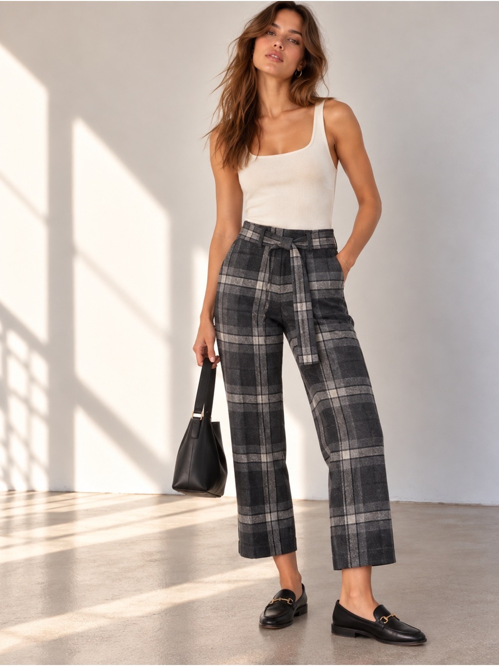 Aritzia Wilfred Grey Plaid Wool Cashmere Belted Pants Size 4